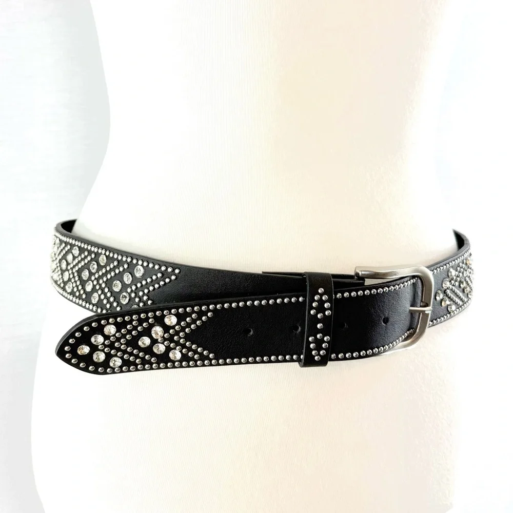 Shyanne Genuine Leather Black Rhinestone and Silver-Tone Studded Belt NWOT